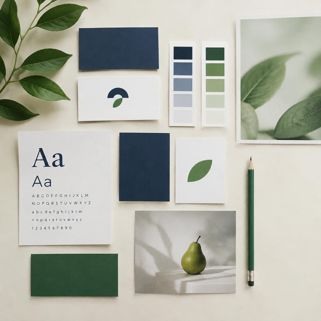 Brand identity materials in navy and green