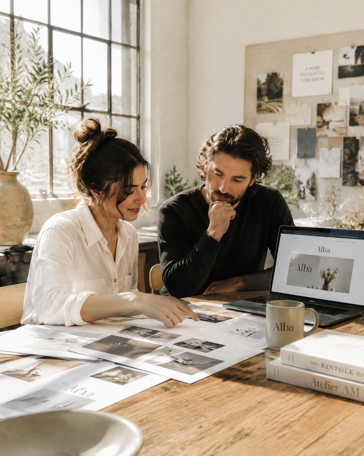 Two people reviewing brand materials and a website in a studio